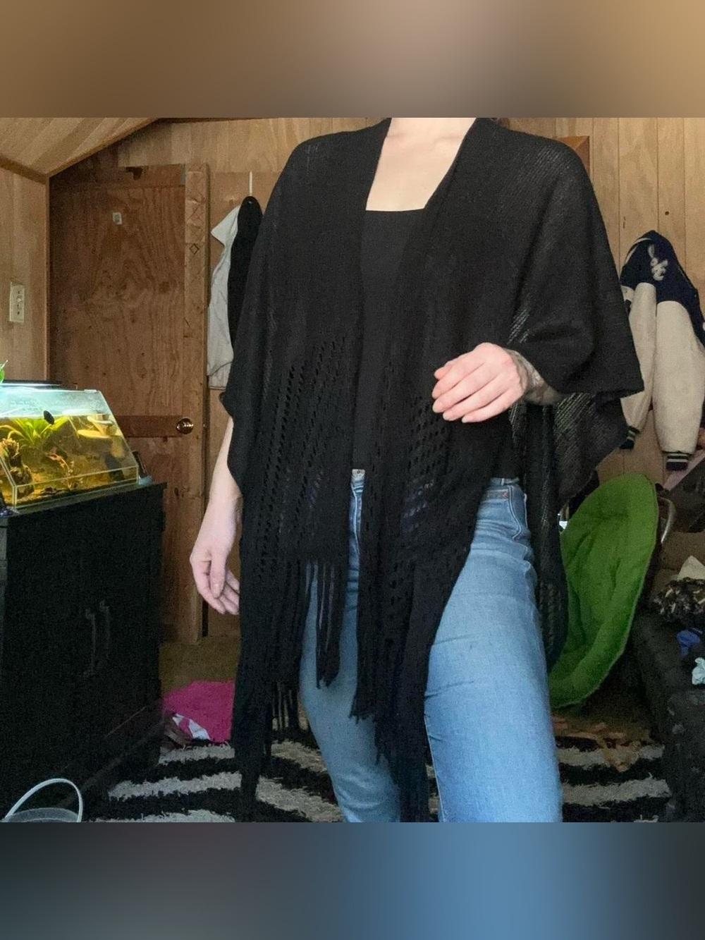 Whimsygoth Black Knit Semi Sheer Fringe Flowy Open Cardigan One Size